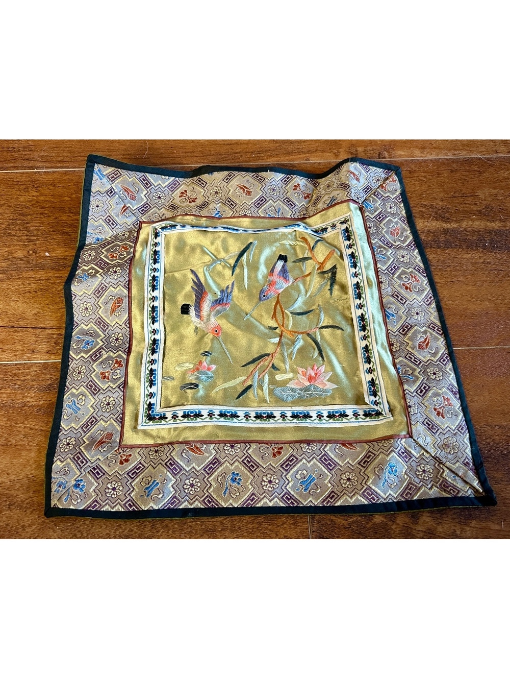Vintage Embroidered Silk Asian Decorative Square Scarf with Birds and Floral Mot